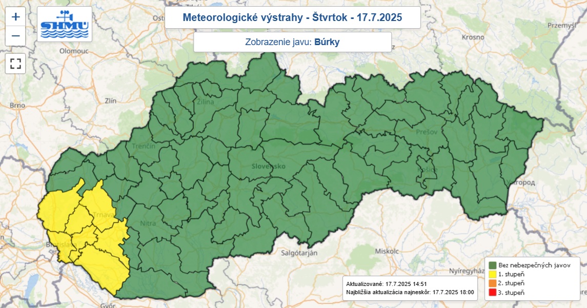 Výstraha prvého stupňa pred búrkami platila vo štvrtok 17. júla 2025 do piatej popoludní pre 7 okresov.