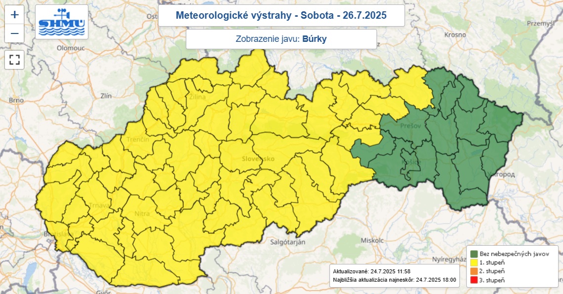 Výstraha prvého stupňa pred búrkami vydaná na sobotu 26. júla 2025.
