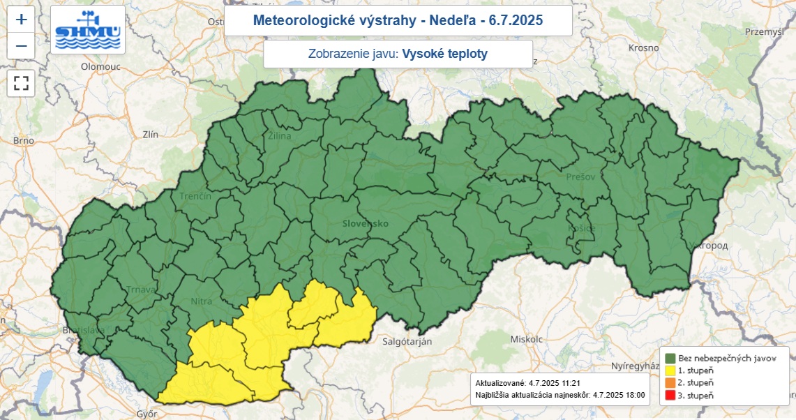 Výstraha prvého stupňa pred vysokými teplotami je na nedeľu 6. júla 2025 vydaná pre päť okresov Slovenska.