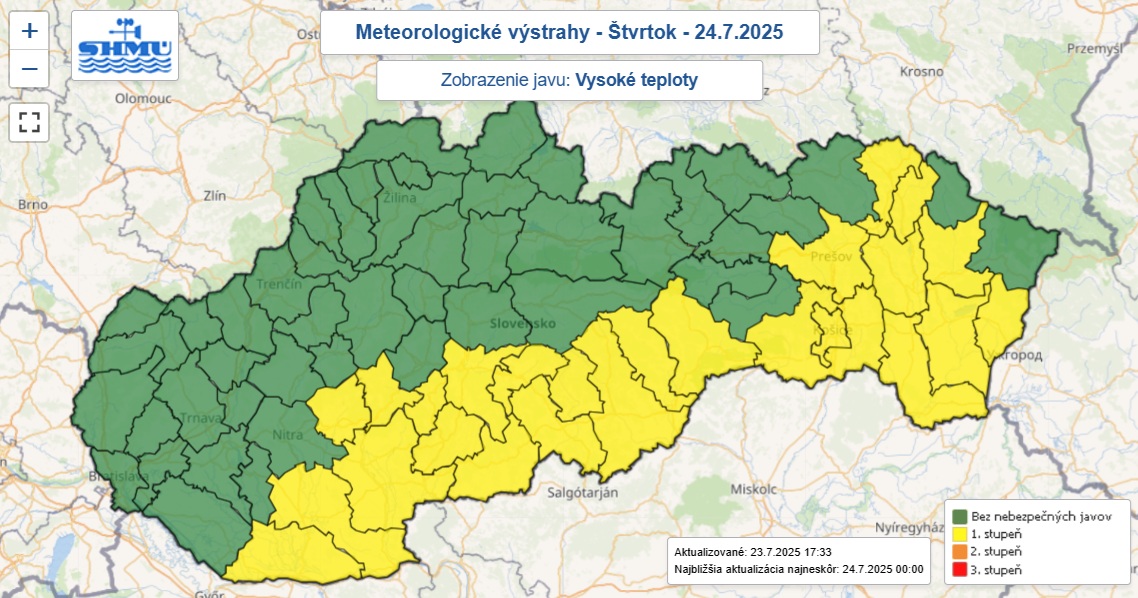 Výstraha prvého stupňa pred vysokými teplotami je na štvrtok 24. júla 2025 vydaná od 13.00 do 18.00 pre 25 okresov Slovenska.