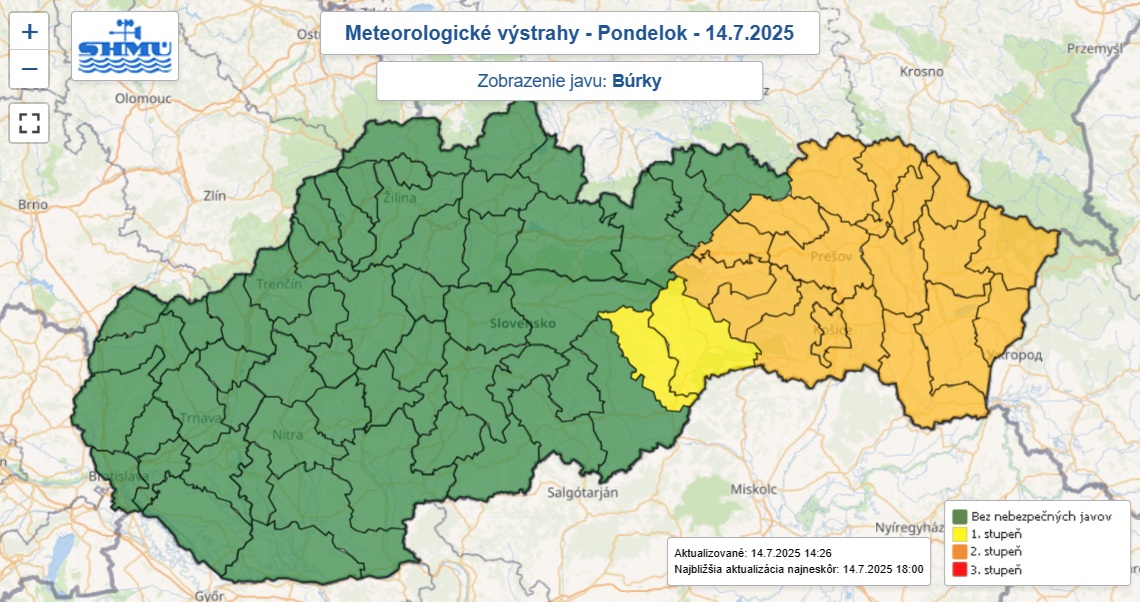 Výstrahy prvého aj druhého stupňa pred búrkami platné v pondelok 14. júla 2025 po štvrtej popoludní.