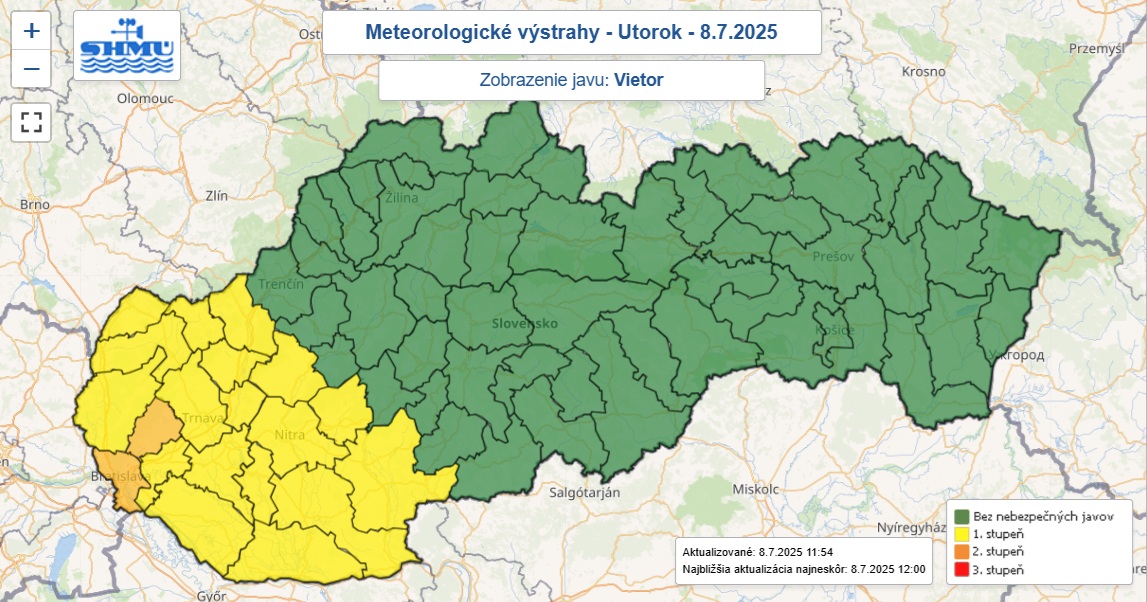 Výstrahy prvého aj druhého stupňa pred silným vetrom vydaná na utorok 8. júla 2025.