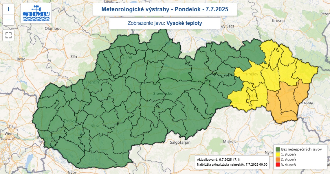Výstrahy prvého aj druhého stupňa pred vysokými teplotami vydaná na pondelok 7. júla 2025.