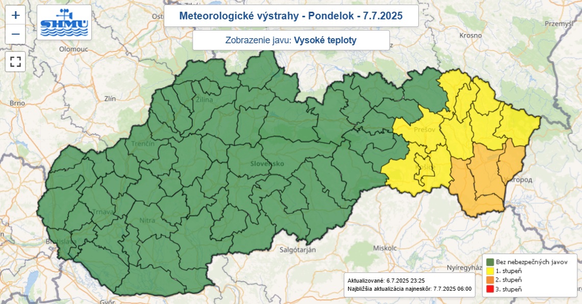 Výstrahy prvého aj druhého stupňa pred vysokými teplotami vydané na pondelok 7. júla 2025.