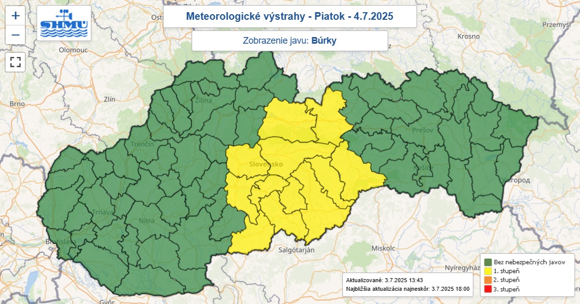 Zaktualizovaná výstraha prvého stupňa pred búrkami vydaná na piatok 4. júla 2025.