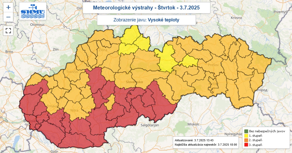 Zaktualizované varovania prvého, druhého aj tretieho najvyššieho červeného stupňa pred vysokými teplotami vydané na štvrtok 3. júla 2025.