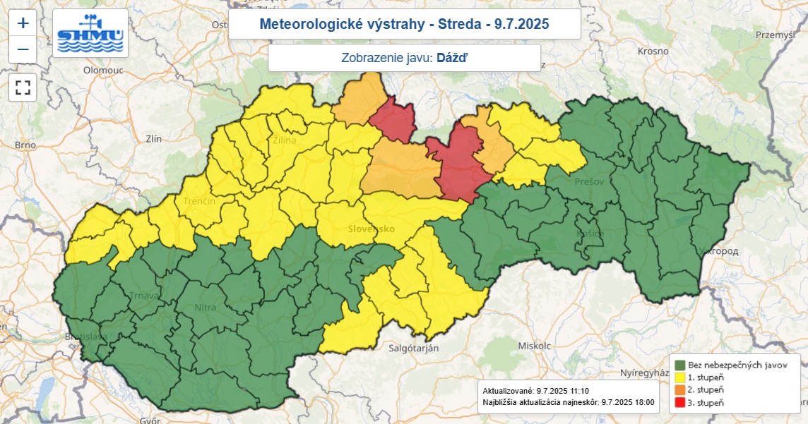 Zaktualizované výstrahy prvého, druhého aj najvyššieho tretieho červeného stupňa pred dažďom vydaná na stredu 9. júla 2025.
