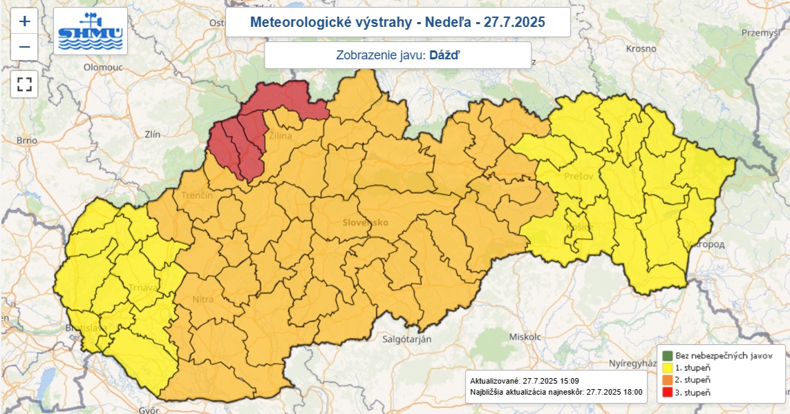 Zaktualizované výstrahy prvého, druhého aj tretieho stupňa pred dažďom platná v nedeľu 27. júla 2025 popoludní.