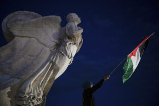 demonštrant vlajka palestína socha