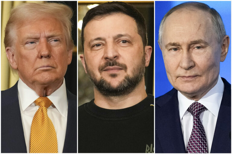 Donald Trump, Volodymyr Zelenskyj a Vladiimr Putin.