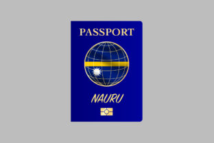 Nauru National flag with International Passport with biometric digital data chip, realistic blue cover, and golden lettering  vector illustration for icon, logo, ads,web