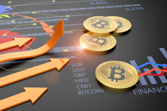 Decentralized cryptocurrency Bitcoin growing up financial banking and crypto currency market exchange 3D background