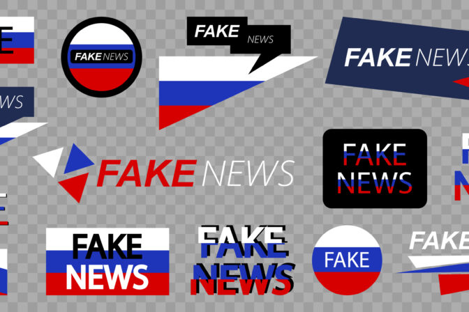 Fake news from Russia icons set. Russia flag with text "fake news" banner for tv, website or social media. Vector illustrations isolated on transparent background.