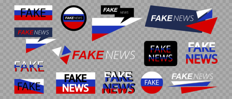 Fake news from Russia icons set. Russia flag with text "fake news" banner for tv, website or social media. Vector illustrations isolated on transparent background.