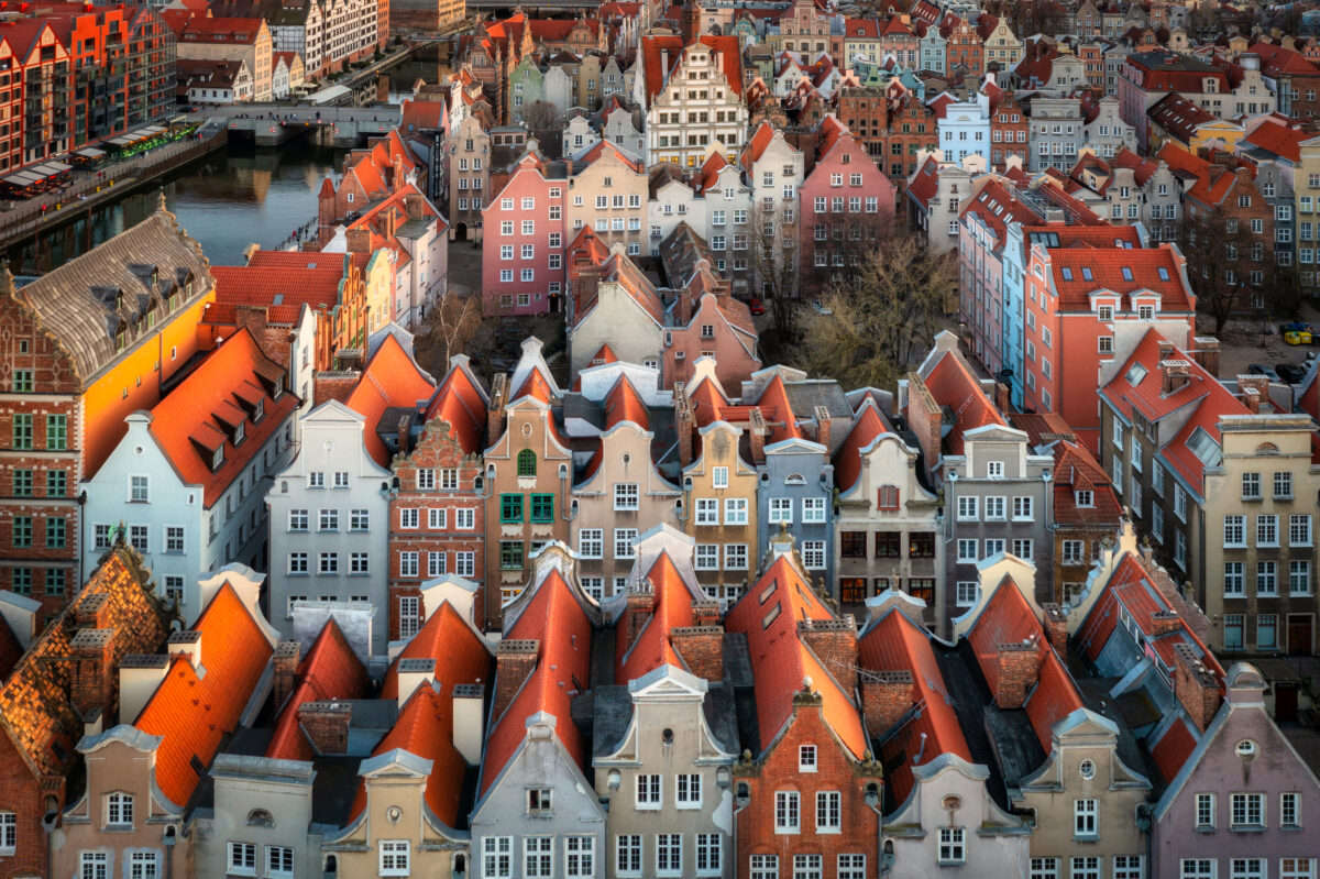 Aerial view of the beautiful Gdansk city at sunset, Poland