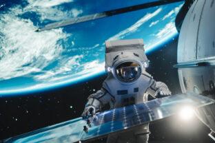 Professional Astronaut Servicing a Solar Electric Panel Outside of a Spacecraft on a Routine Maintenance Check in Outer Space. Advanced Space Technology, Sustainable Energy, Universe Exploration.