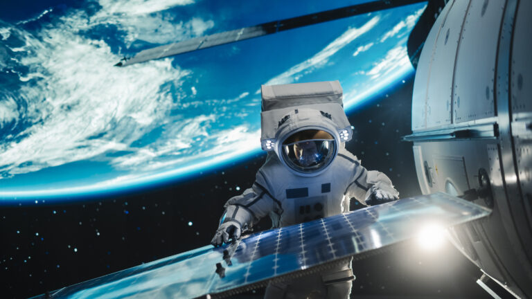 Professional Astronaut Servicing a Solar Electric Panel Outside of a Spacecraft on a Routine Maintenance Check in Outer Space. Advanced Space Technology, Sustainable Energy, Universe Exploration.