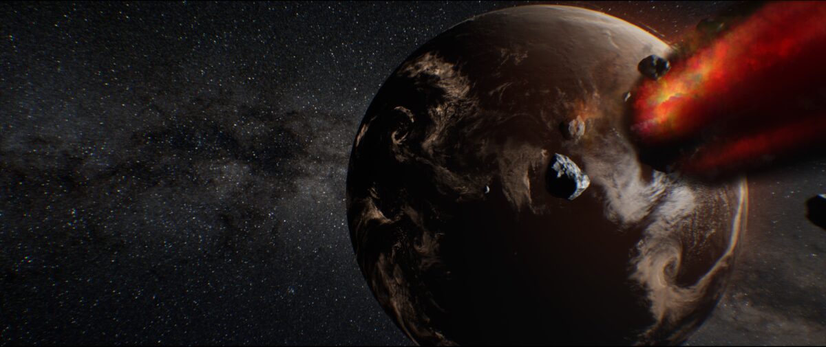 A dramatic 3D render of Earths late heavy bombardment, with fiery asteroids and comets crashing into the surface.