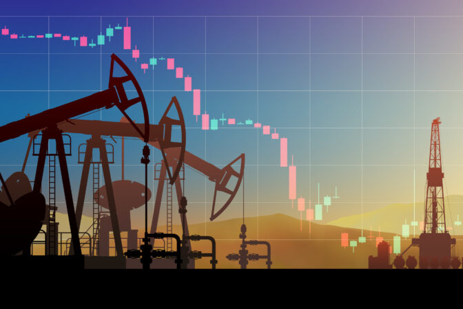 Pumpjack on oil price chart, financial data. Falling price. Land crude oil drilling rig, derrick, pump jack. Price per barrel. Onshore production, industry, business. Silhouette, desert. Vector