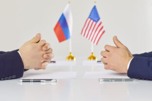 Diplomatic meeting between representatives of America and Russia on settlement of foreign relations.