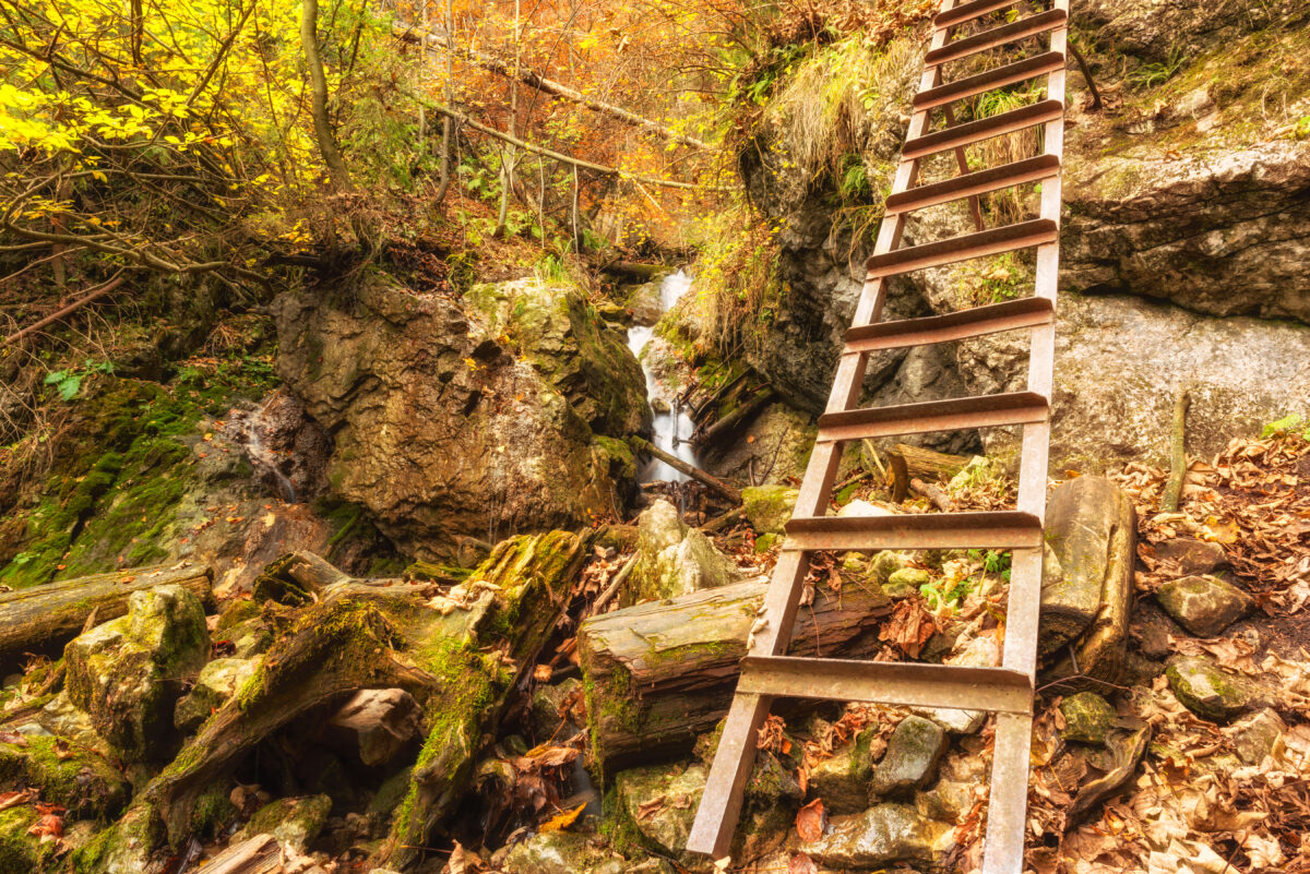 Hiking trail in autumn mountain forest with waterfall and ladder