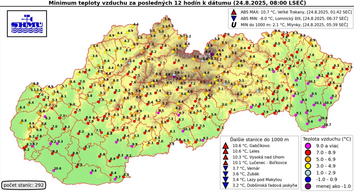 Minimálna teplota vzduchu na Slovensku v noci z nedele na pondelok.