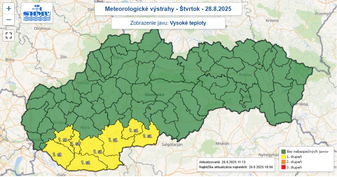 Výstraha pred vysokými teplotami je na štvrtok popoludní vydaná pre osem okresov Slovenska.