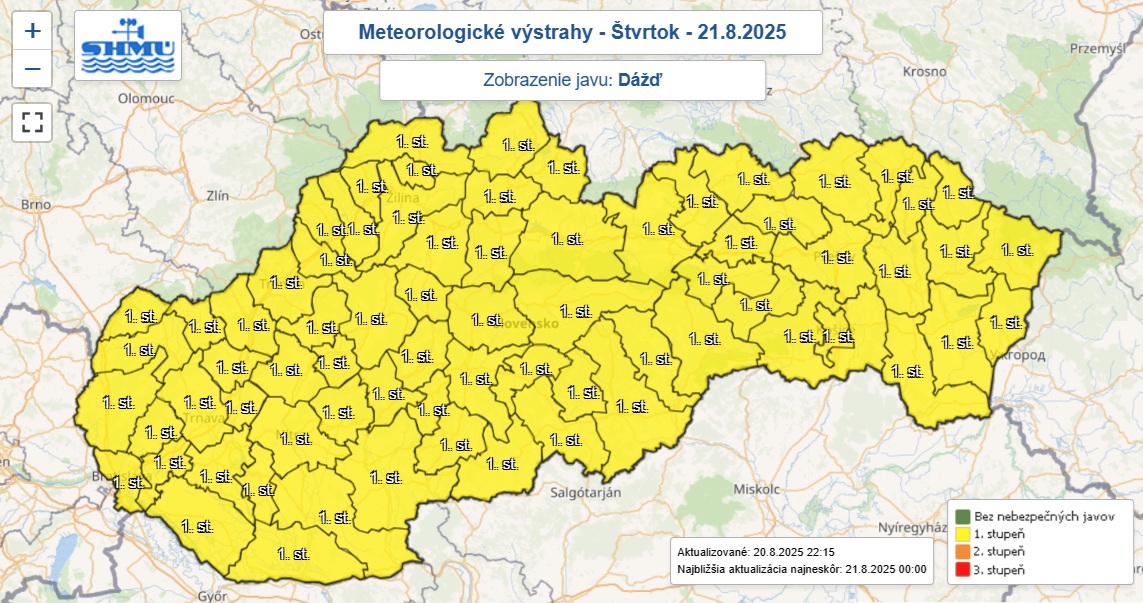 Výstraha prvého stupňa pred dažďom je vo štvrtok 21. augusta 2025 vydaná pre celé Slovensko.