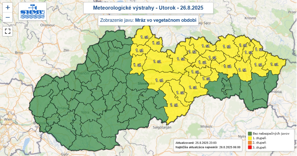 Výstraha prvého stupňa pred mrazom vo vegetačnom období bola v noci z pondelka na utorok vydaná pre 24 okresov.