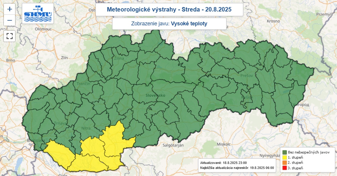 Výstraha prvého stupňa pred vysokými teplotami je v stredu od 14.00 do 17.00 vydaná pre okresy Komárno, Levice, Nové Zámky a Dunajská Streda.