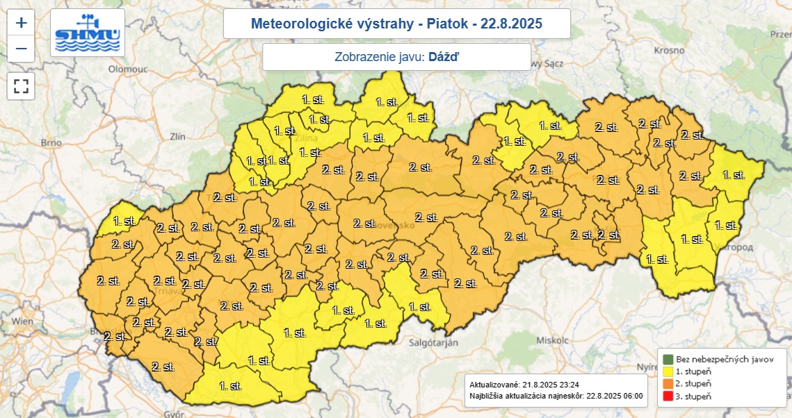 Výstrahy prvého a druhého stupňa pred dažďom vydané Slovenským hydrometeorologickým ústavom (SHMÚ).