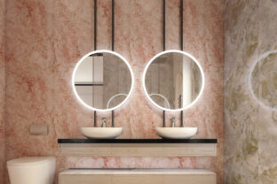 Modern interior design of bathroom vanity, all walls made of stone slabs with circle mirrors, minimalist and clean concept, 3d rendering