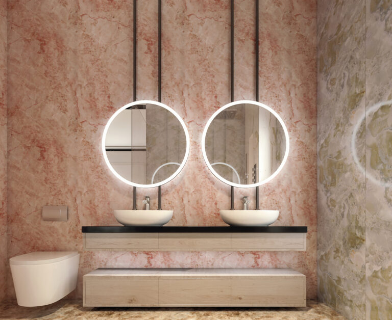 Modern interior design of bathroom vanity, all walls made of stone slabs with circle mirrors, minimalist and clean concept, 3d rendering