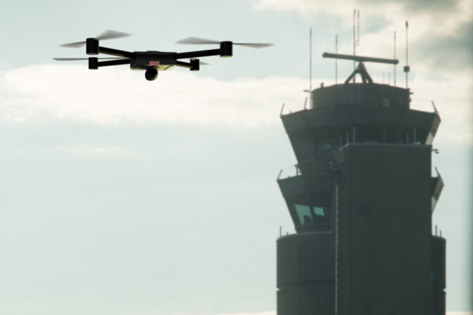 Drone approaching the airport control tower