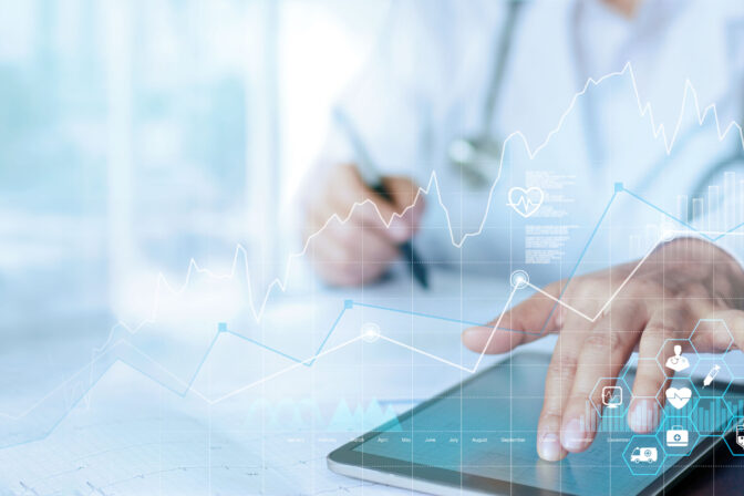 Healthcare business graph data and growth, Medical examination and doctor analyzing medical report network connection on tablet screen.