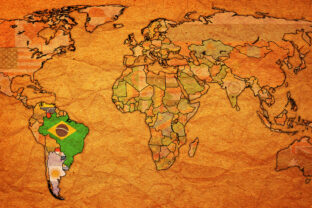 Southern Common Market on world map with national borders flag and territory on old vintage world map