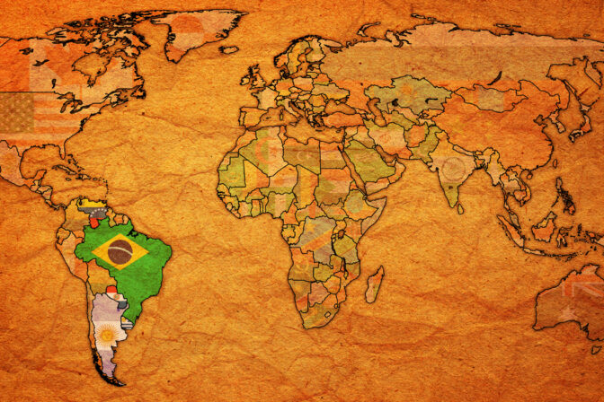 Southern Common Market on world map with national borders flag and territory on old vintage world map