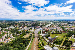 Aerial cityscape photo of German Polish town Guben or Gubin