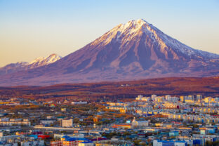 Panoramic view of the city Petropavlovsk Kamchatsky and volcanoes