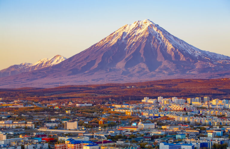 Panoramic view of the city Petropavlovsk Kamchatsky and volcanoes