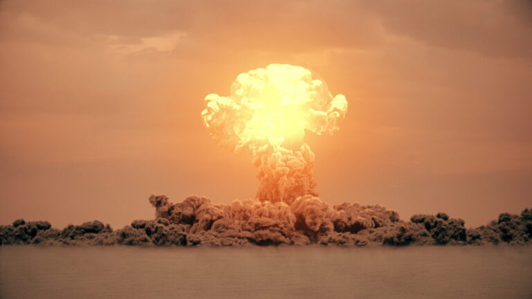 3d rendering of massive nuke bomb test explosion with film look