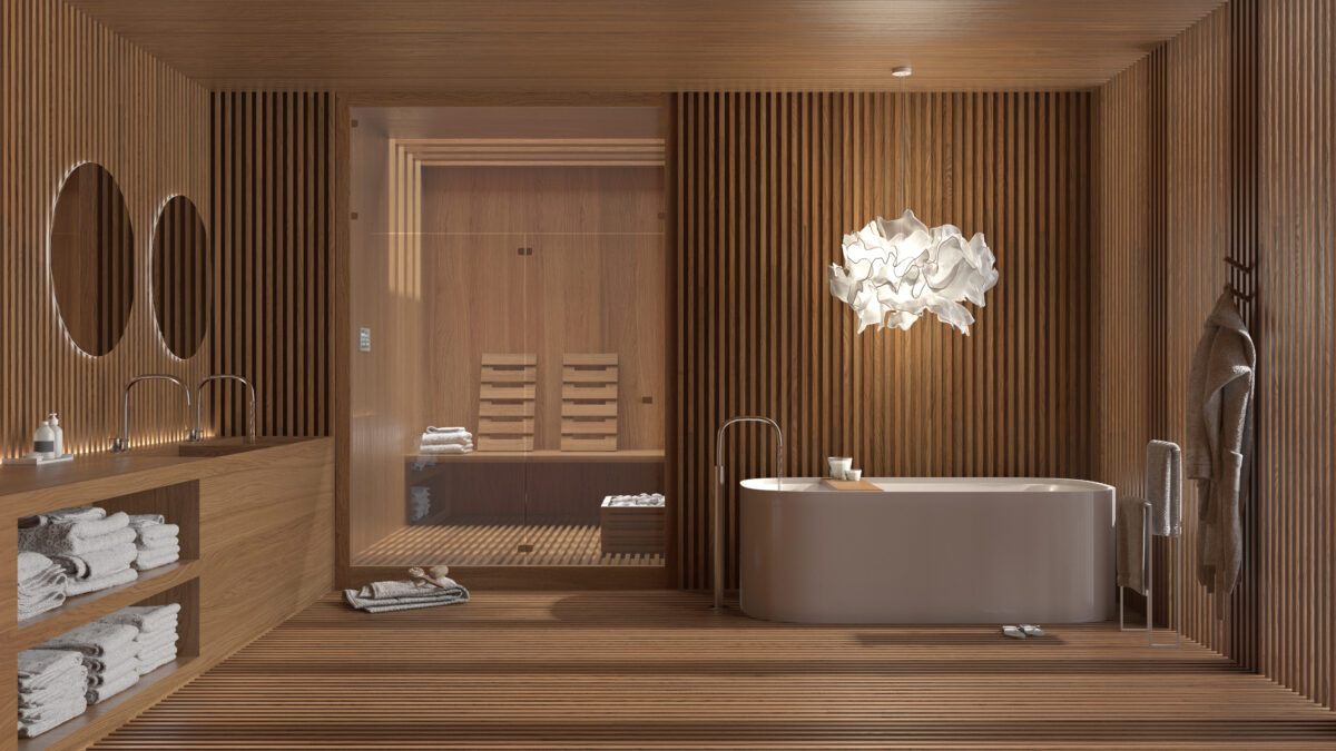 Wooden and white spa bathroom, sauna room with glass doors, freestanding bathtub, washbasin made of wood with round mirror, pendant lamp, towels and bathrobe, interior design concept
