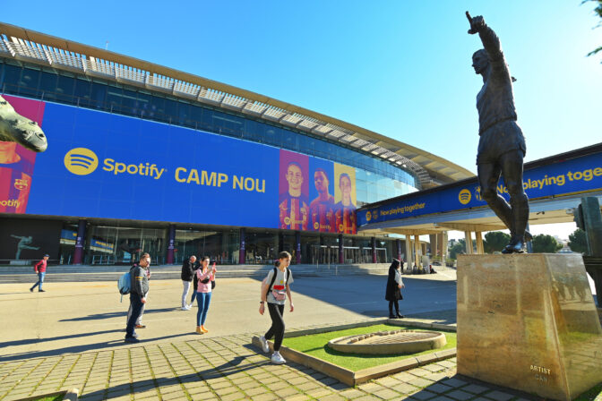 Beautiful Camp Nou stadium exterior on a sunny day in Barcelona, Spain