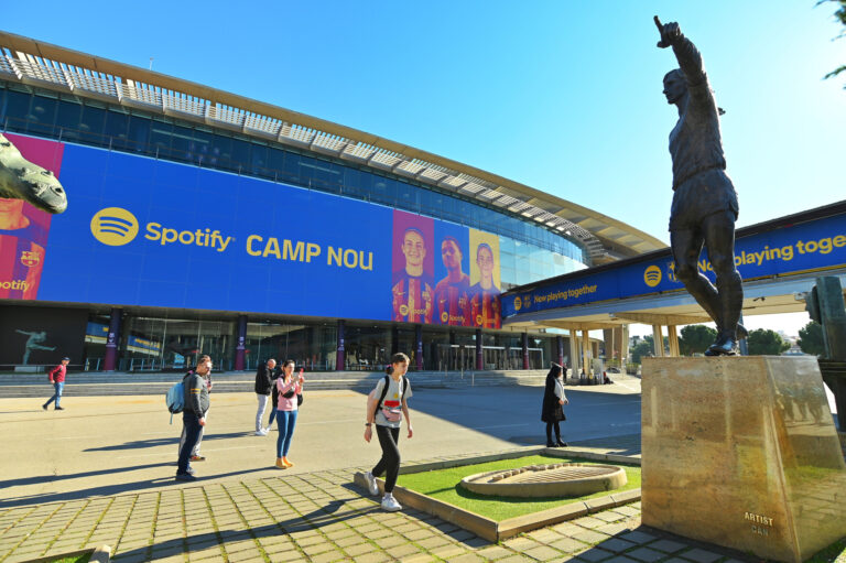 Beautiful Camp Nou stadium exterior on a sunny day in Barcelona, Spain
