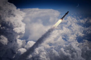 Missile flying in the sky, military long range rocket, 3d render