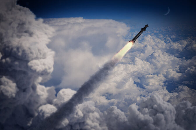 Missile flying in the sky, military long range rocket, 3d render