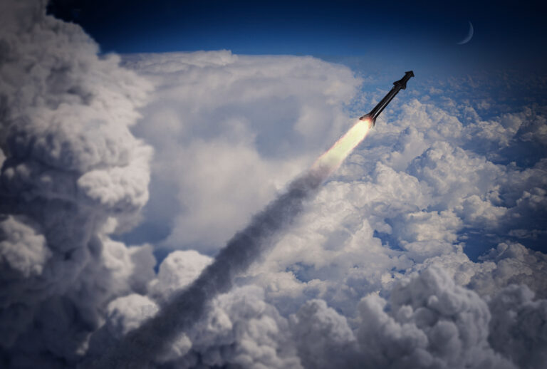 Missile flying in the sky, military long range rocket, 3d render