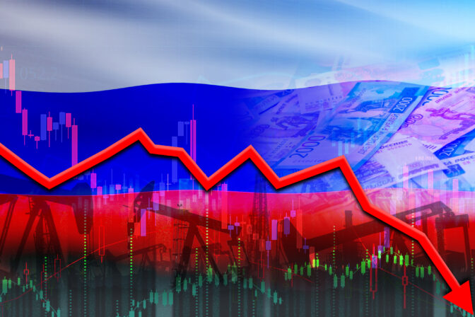 Oil crisis with Russian flag on economic graph. Oil production crisis with russian flag