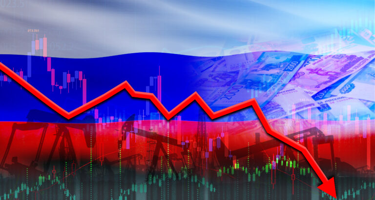 Oil crisis with Russian flag on economic graph. Oil production crisis with russian flag