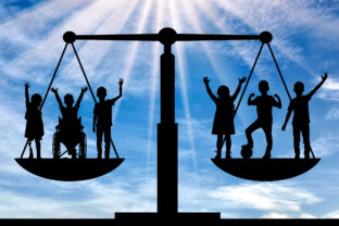 Equality among children, featuring a balanced scale with both disabled and non disabled kids.